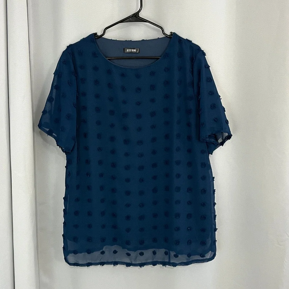 BTFBM Women Blue Textured Polka Swiss Dot Short Sleeve Top Size‎ L Casual Chic